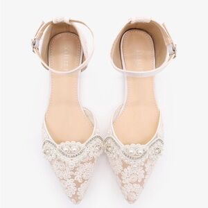 KAILEE P | Ivory Crochet Lace Pointy Toe Flats with Small Pearls Applique